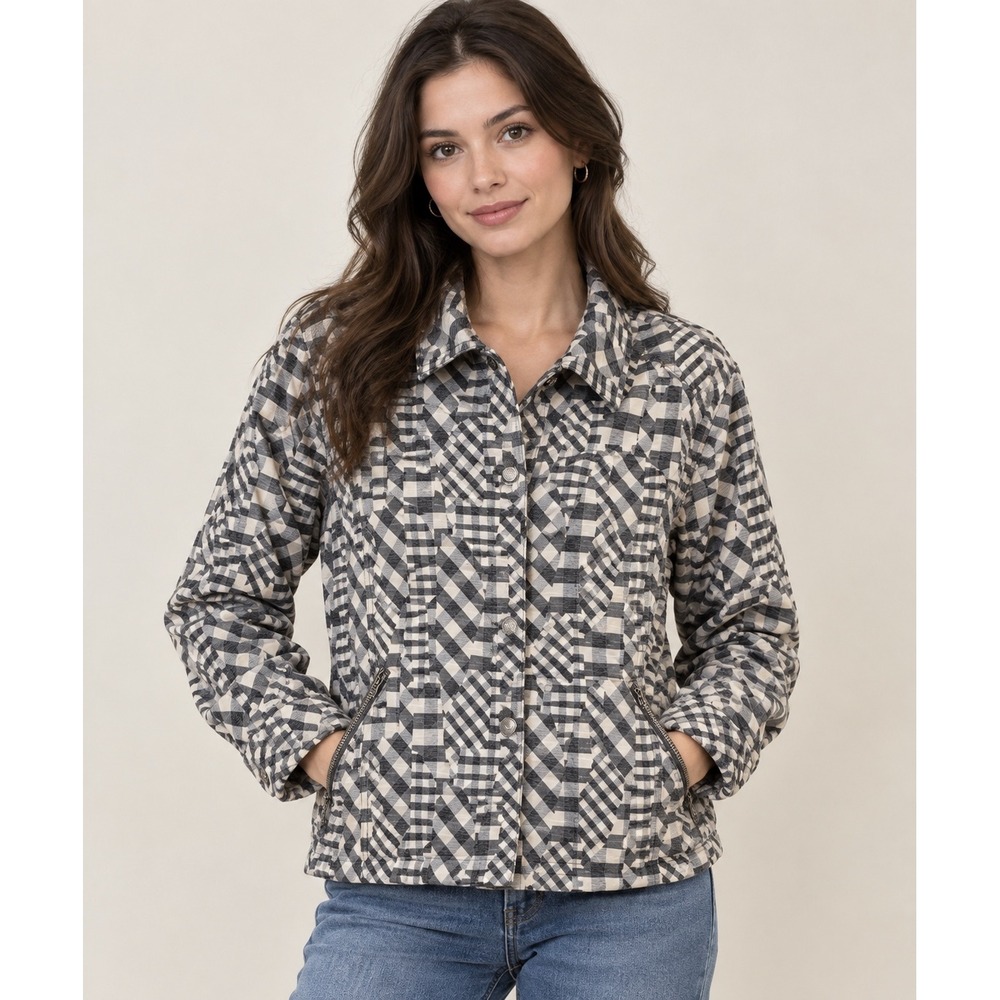 Erin London Womens Black White Patchwork Gingham Button Front Jacket Large